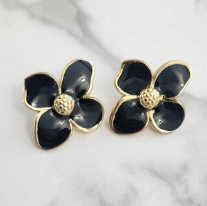 Gold & Black Enamel Flower Stud Earrings